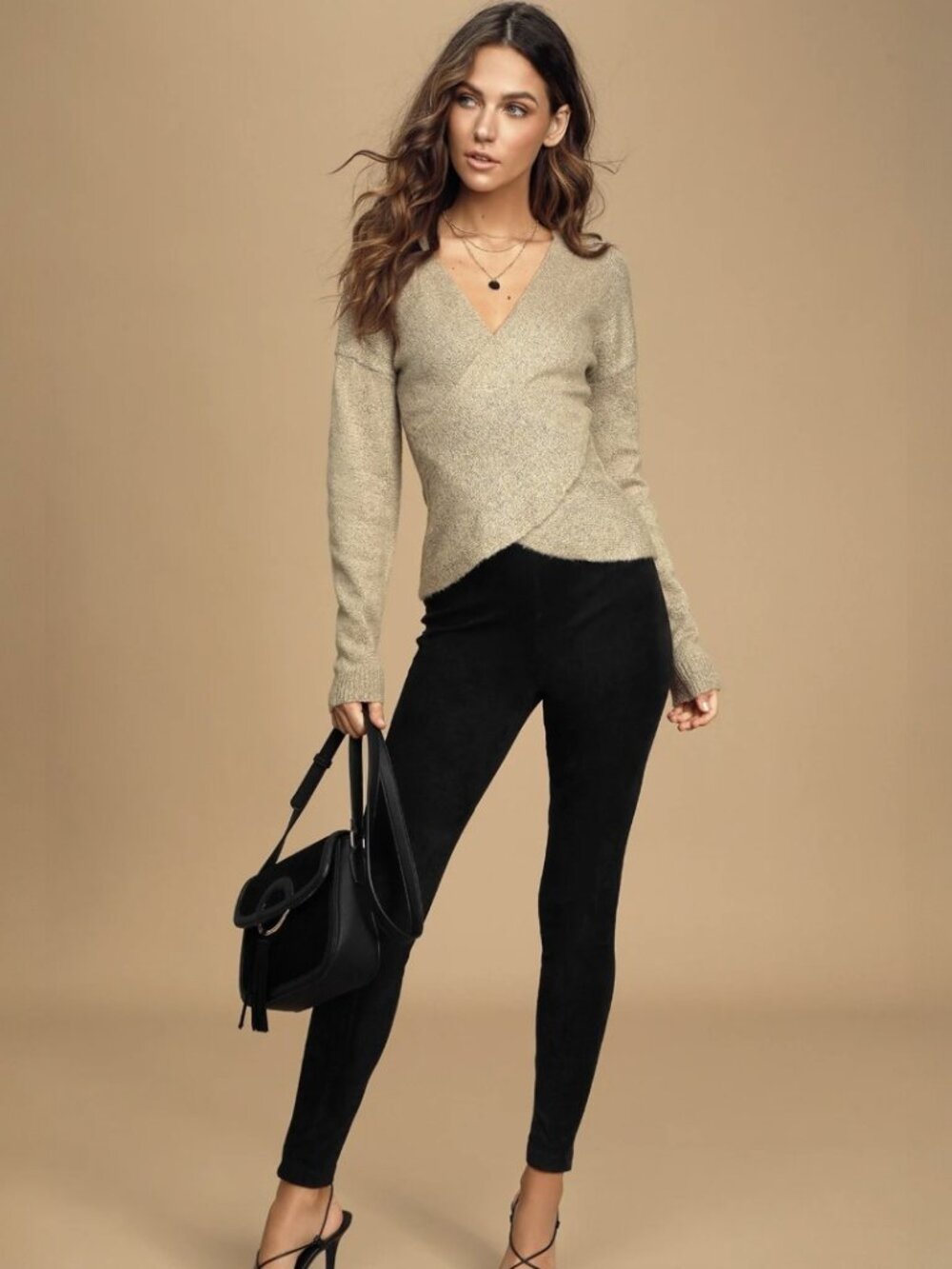 Lulus Couldn't Be Cuter Heather Tan Faux Wrap Sweater NWT